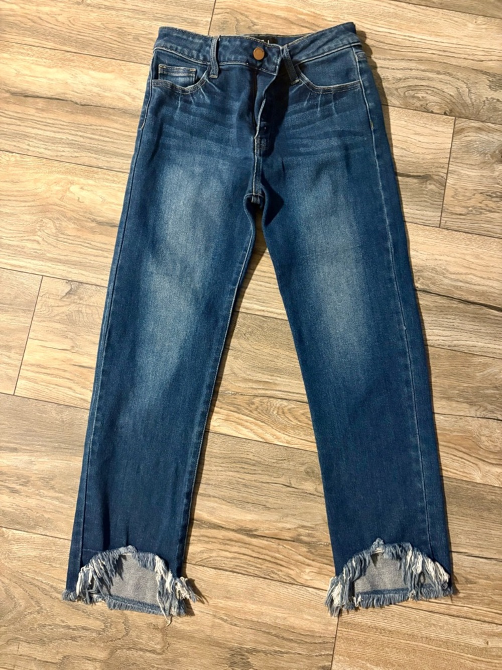Dark Blue Straight Leg Jeans with Frayed Hem